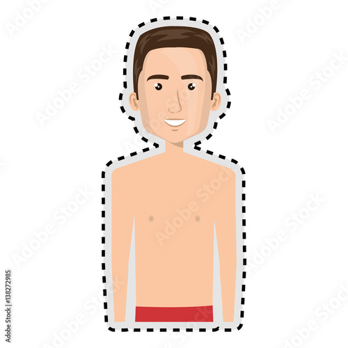 sticker half body cartoon man with sweatpants clothes vector illustration