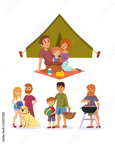 Picnic setting with fresh food hamper basket barbecue resting couple and summer meal party family people lunch garden character vector illustration.