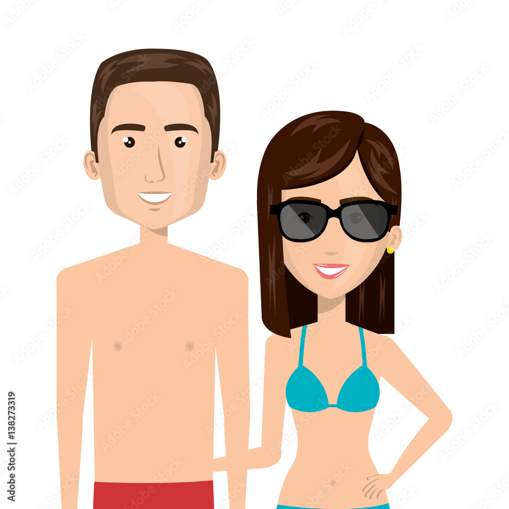 half body cartoon couple with summer swimsuit and glasses vector illustration half body cartoon couple with summer swimsuit and glasses vector illustration