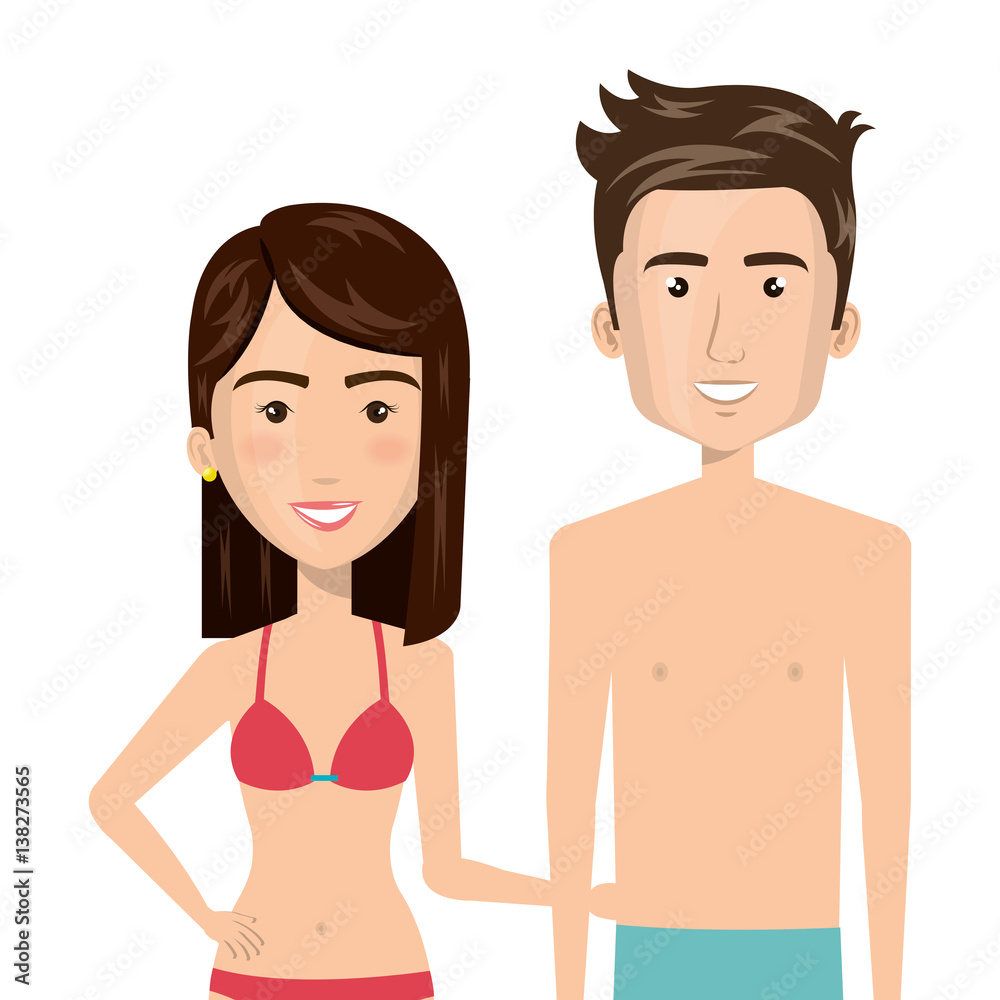 half body cartoon couple caucasian with summer swimsuit vector illustration half body cartoon couple caucasian with summer swimsuit vector illustration