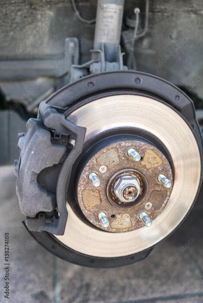 Front disk brake after rebuild surface on car, close up
