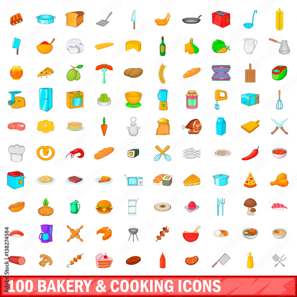 100 bakery and cooking icons set, cartoon style