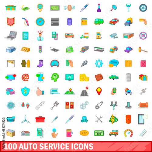 100 auto service icons set, cartoon style