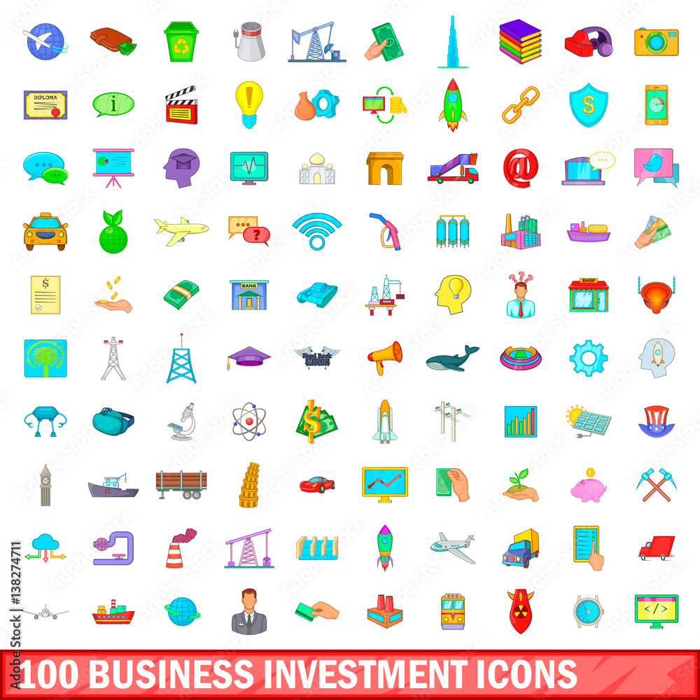 100 business investment icons set, cartoon style 100 business investment icons set, cartoon style