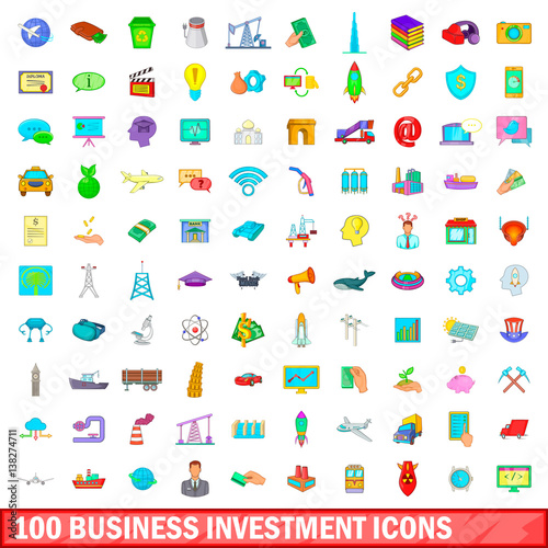 100 business investment icons set, cartoon style