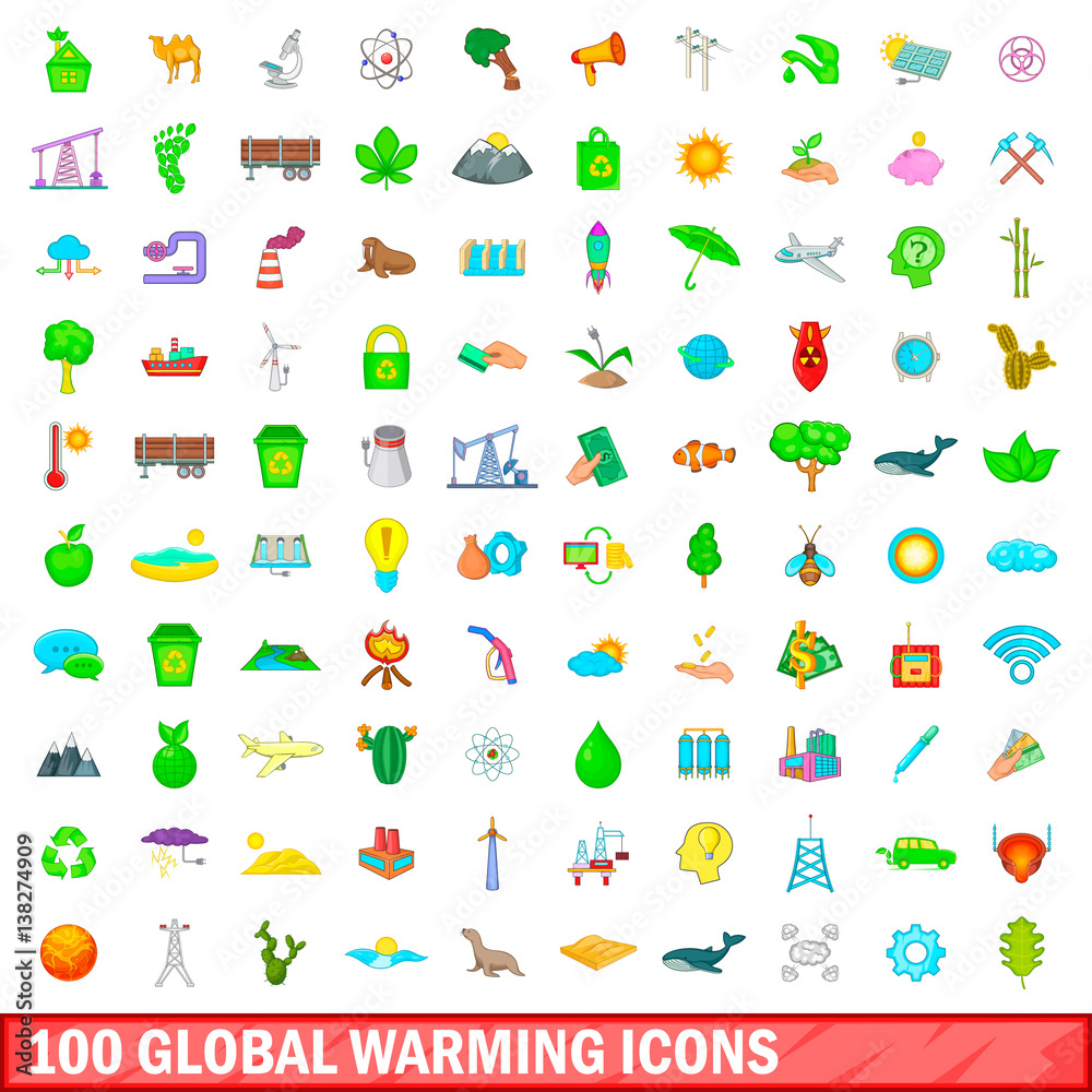 Fototapeta premium 100 global warming icons set, cartoon style
