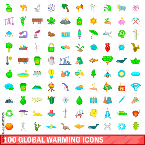 Wallpaper Mural 100 global warming icons set, cartoon style Torontodigital.ca