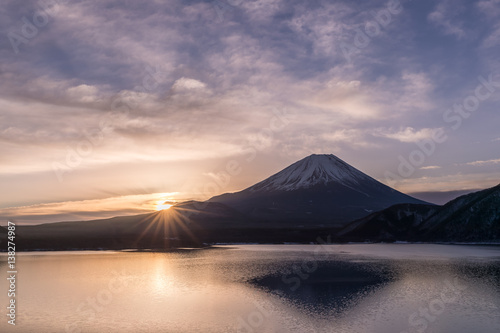 Lake Motosu and Mount Fuji at early morning in winter season. Lake Motosu is the westernmost of the Fuji Five Lakes and located in southern Yamanashi Prefecture near Mount Fuji, Japan