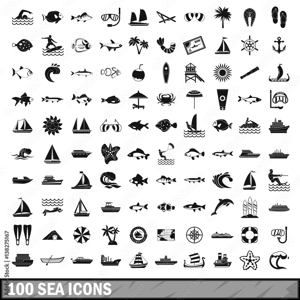100 sea icons set in simple style 100 sea icons set in simple style