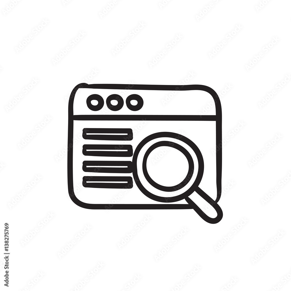 Browser window with magnifying glass sketch icon. Browser window with magnifying glass sketch icon.
