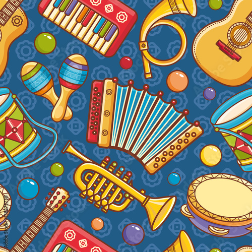 Musical instrument.  Seamless colorful pattern. Vector ornament. Cartoon style