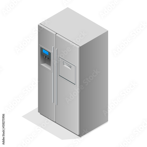 Stainless steel modern refrigerator isolated on white. The external LED display, with blue glow. Fridge freezer. Flat 3d vector illustration
