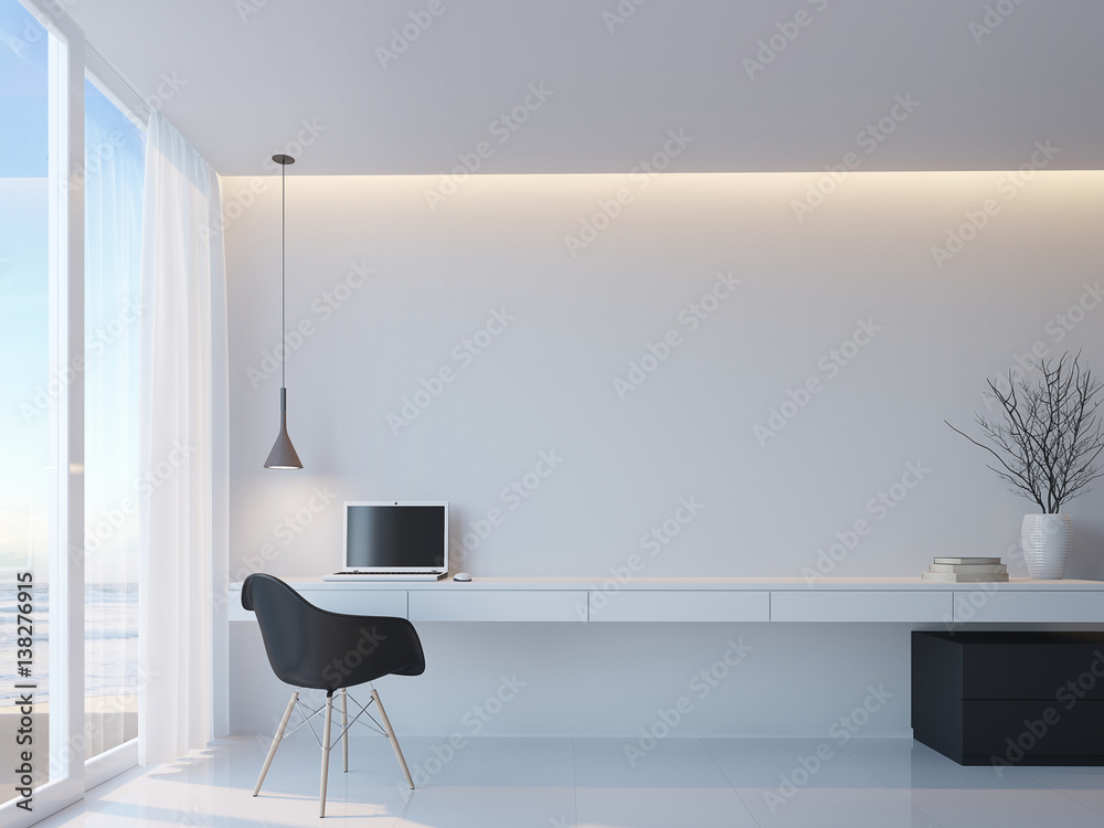 Modern black and white working room with sea view minimalist style 3d rendering image,Decorate wall with hidden warm light,There are large windows Looking to beautiful sea view - obrazy, fototapety, plakaty 