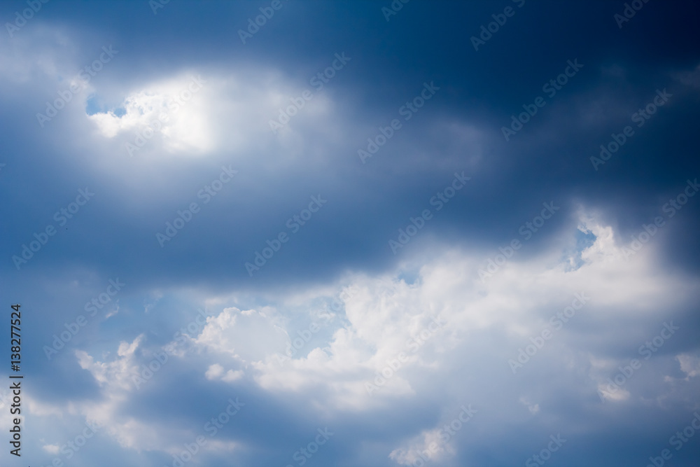 sun with sunbeams in a beautiful cloudy sky. blue sky is covered by white clouds