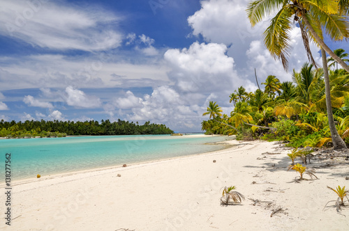 Stunning  view of a beach on One Foot Island  also called Tapuaetai  in the lagoon of Aitutaki  Cook Islands  in the South Pacific Ocean. Clear water  palm trees and white sand beach on a sunny day.