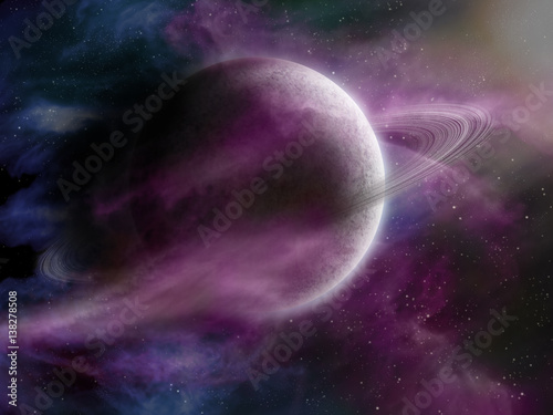 Original illustration of a fantasy space scene. Nebula and alien planets.