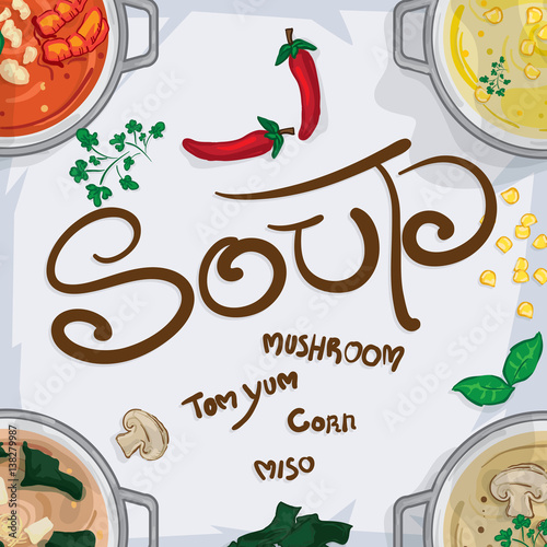 foods objects soup mushroom tom yum corn miso drawing graphic design template