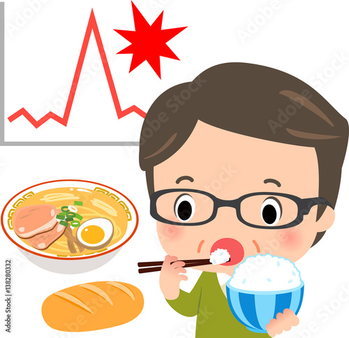 ご飯を食べる男性と血糖値急上昇のイメージ