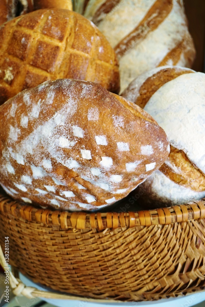 Fresh artisan bread at a bakery