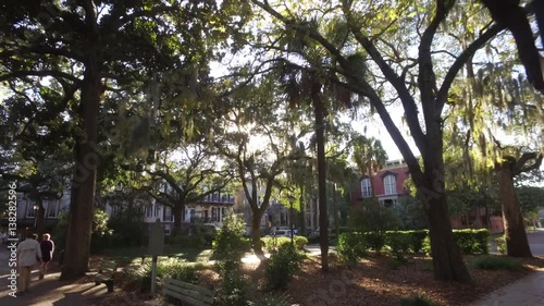 Aerial Shot of a Town Square Park in Savannah, GA