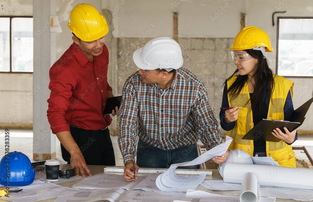 Team of business people in group, architect and engeneer on construciton site check documents and business workflow on new building Team of business people in group, architect and engeneer on construciton site check documents and business workflow on new building