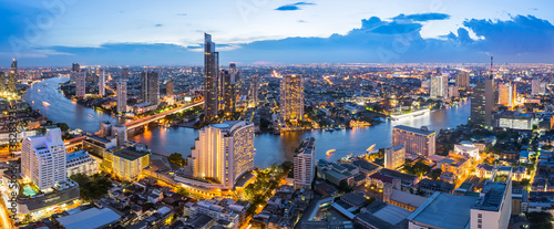 Panorama Bangkok city with chaophraya river at twilight scene