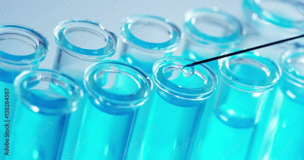 In a laboratory, a scientist with a pipette analyzes a colored liquid to extract the DNA and molecules in the test tubes. Concept: research, biochemistry, nature, pharmaceutical medicine In a laboratory, a scientist with a pipette analyzes a colored liquid to extract the DNA and molecules in the test tubes. Concept: research, biochemistry, nature, pharmaceutical medicine