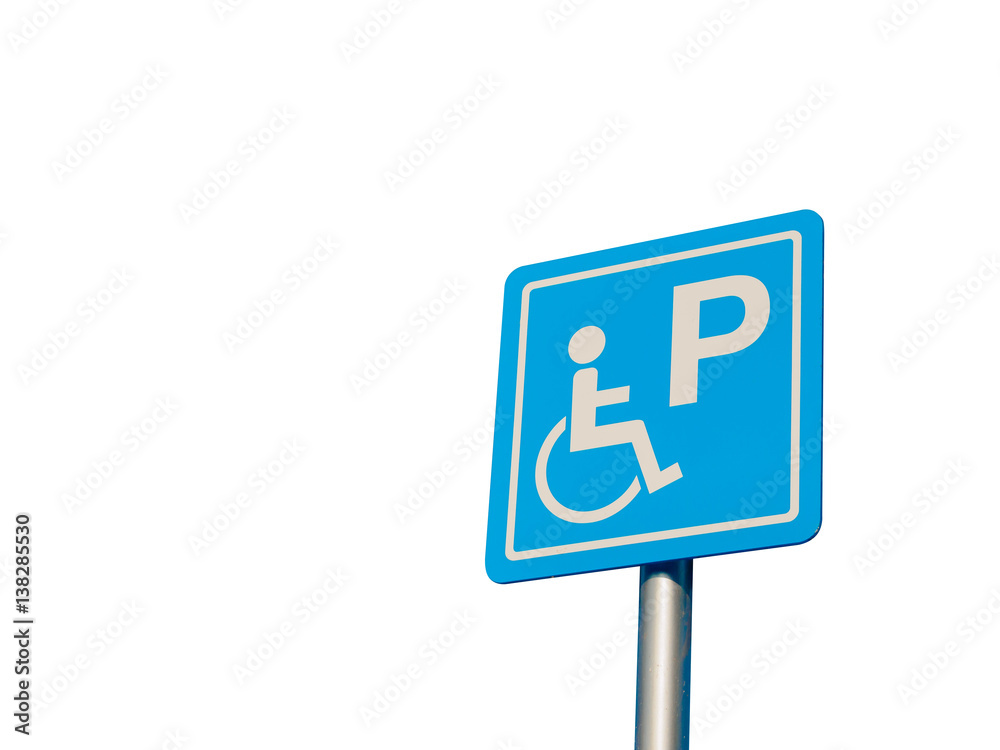 Disabled parking space and wheelchair way sign and symbols on a pole warning motorists isolate on white background Disabled parking space and wheelchair way sign and symbols on a pole warning motorists isolate on white background