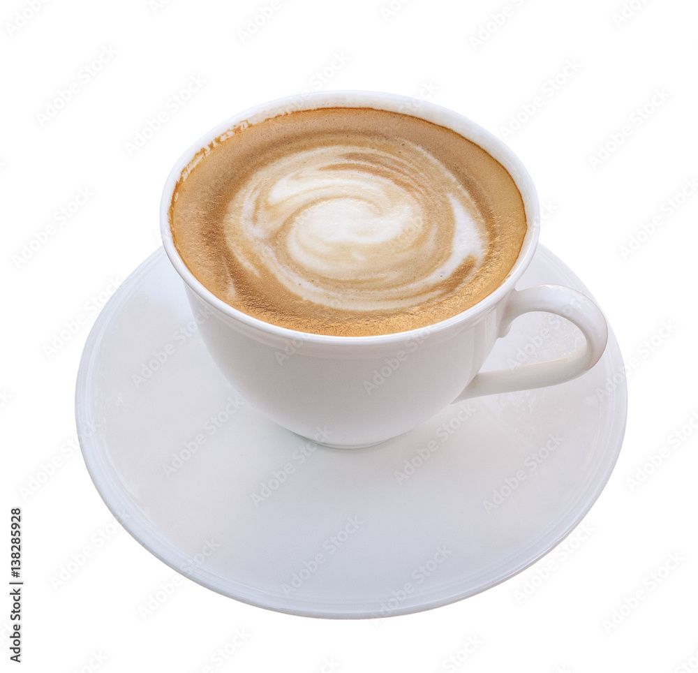 Hot coffee latte art spiral foam in black ceramic cup isolated on white background, clipping path included Hot coffee latte art spiral foam in black ceramic cup isolated on white background, clipping path included