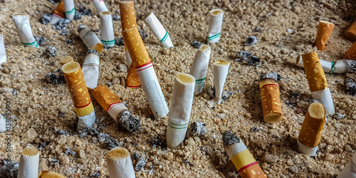 Cigarette butts in an ashtray. background