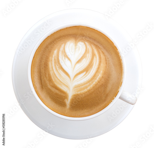 Top view hot coffee latte art isolated on white background, clipping path included