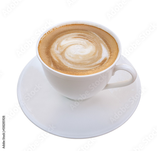 Hot coffee latte art spiral foam in black ceramic cup isolated on white background, clipping path included