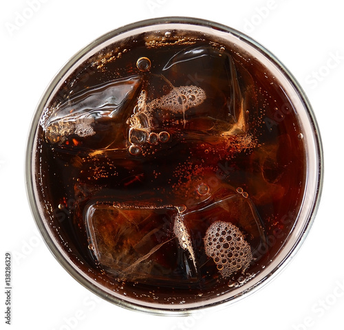 Cola with ice cubes in glass top view isolated on white background, clipping path included