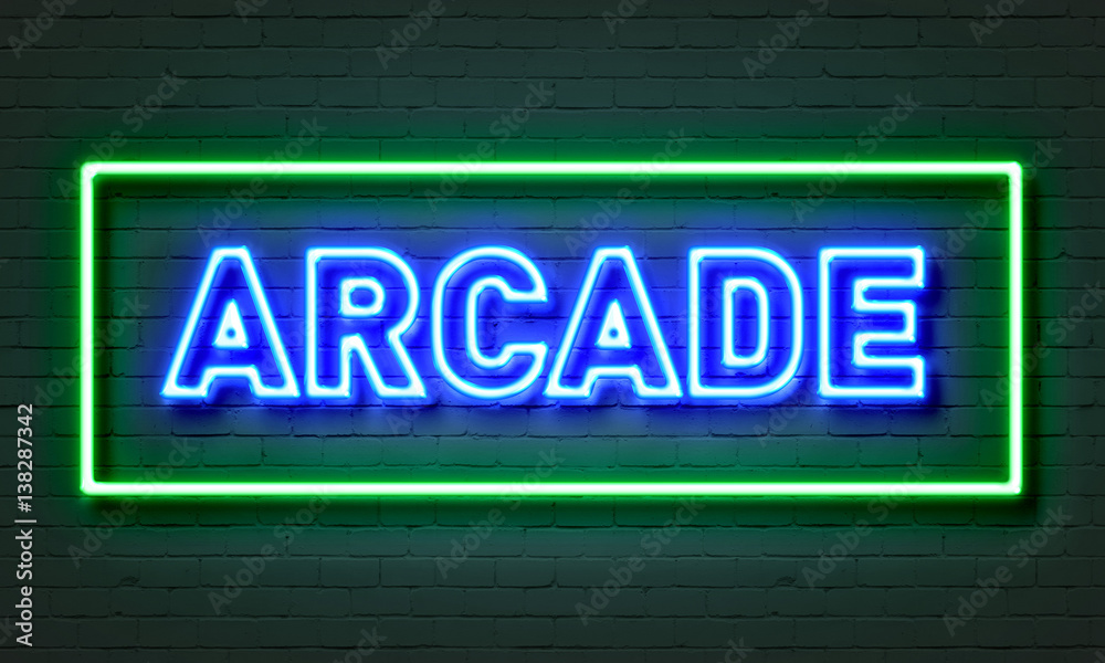 Arcade neon sign on brick wall background. Arcade neon sign on brick wall background.