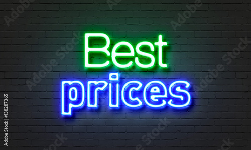 Best prices neon sign on brick wall background.