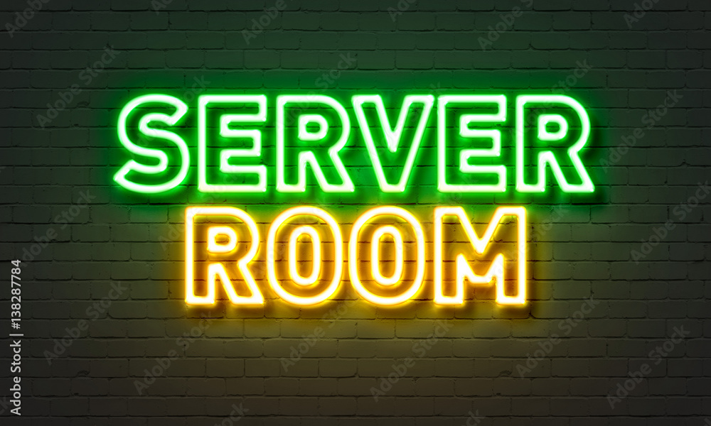 Server room neon sign on brick wall background. Server room neon sign on brick wall background.