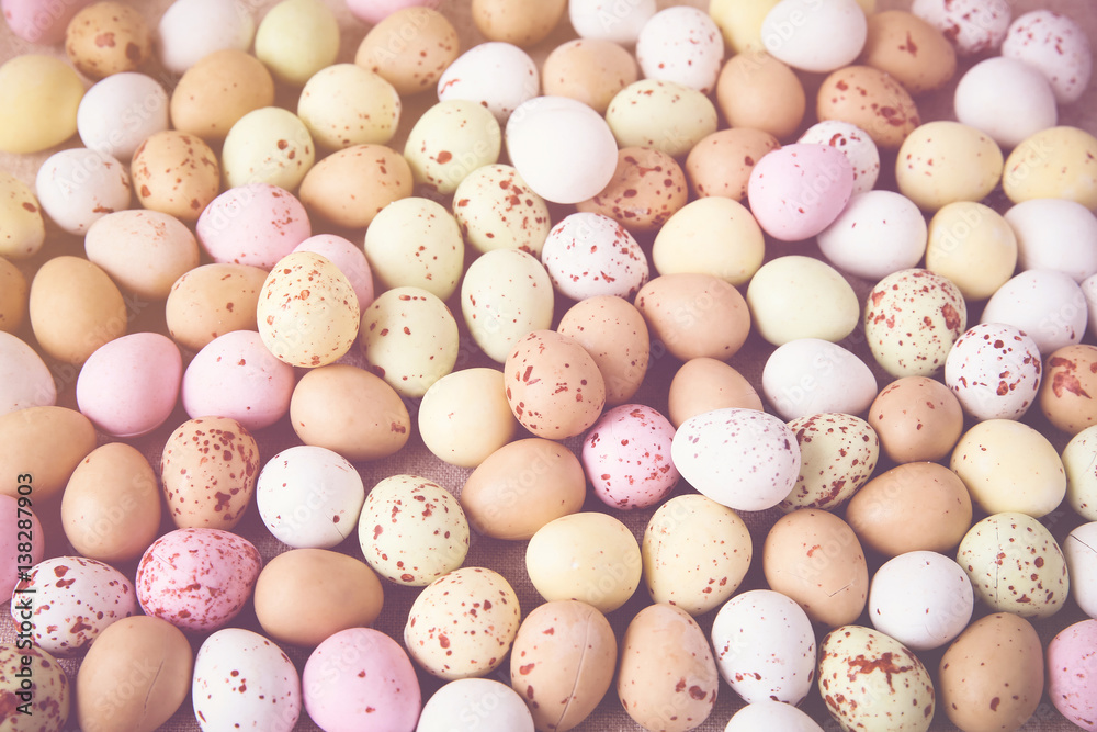 Easter pastel speckled eggs, selective focus background, toning Easter pastel speckled eggs, selective focus background, toning