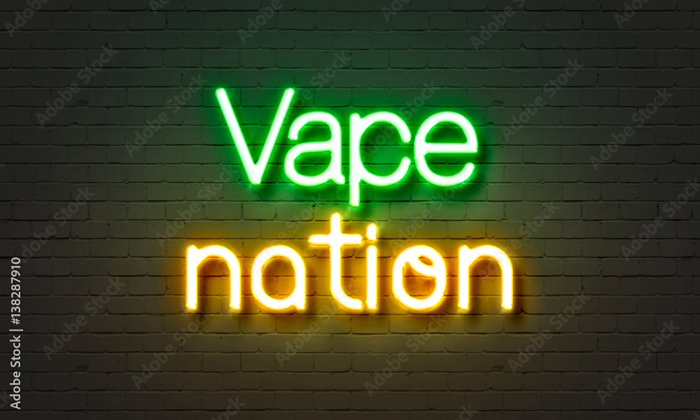 Vape nation neon sign on brick wall background.