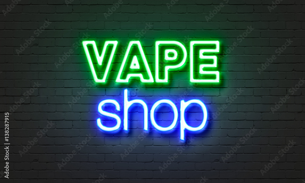 Vape shop neon sign on brick wall background. Vape shop neon sign on brick wall background.