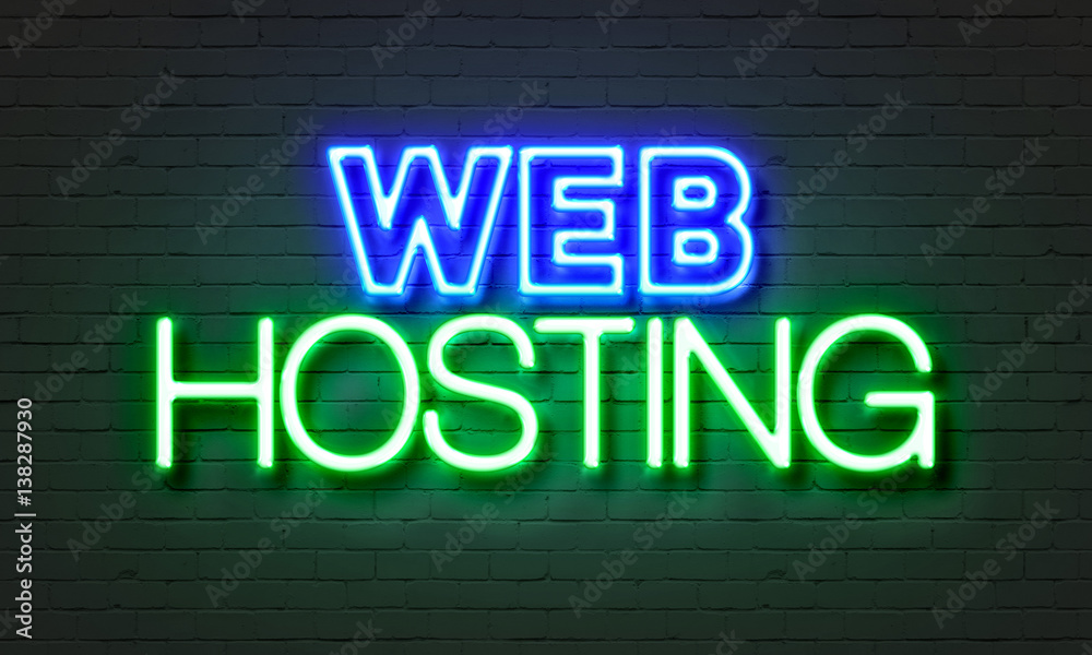 Web hosting neon sign on brick wall background.