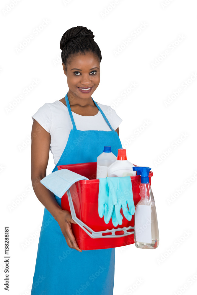 Portrait Of Female Janitor With Cleaning Equipment