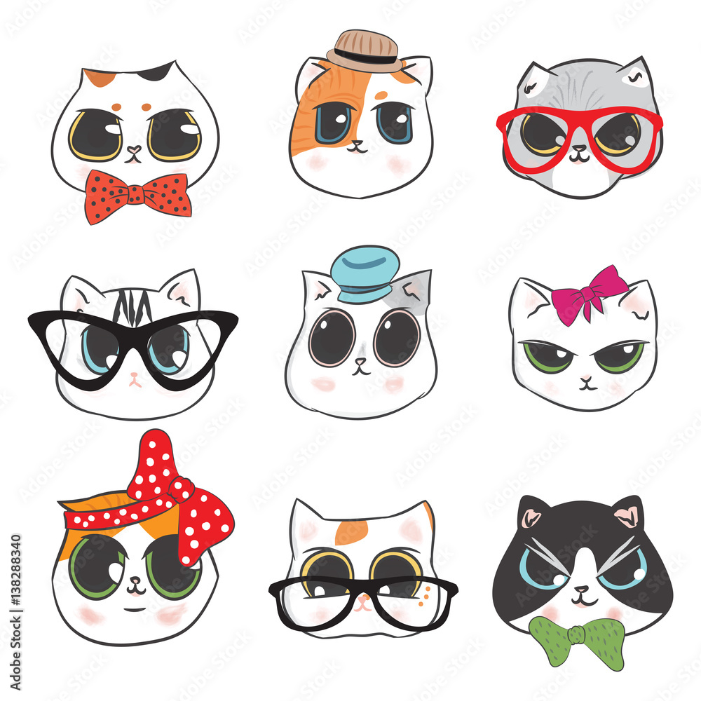 Naklejka Cute cats heads doodle and kitten cartoon fashion character design. hand drawing vector illustration for kids