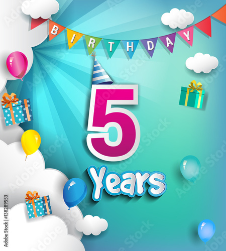 5th Anniversary Celebration Design, with clouds and balloons. using Paper Art Design Style, Vector template elements for your, five years birthday celebration party.