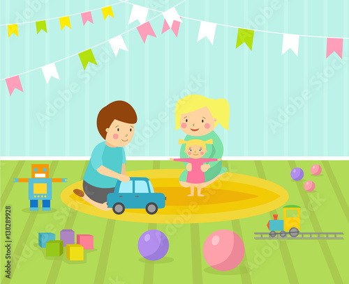 Kids playroom with light furniture decor playground and toys on the floor carpet decorating flat style cartoon comfortable interior vector illustration.