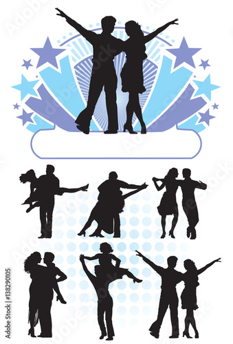 Vector silhouettes of couples dancing together.