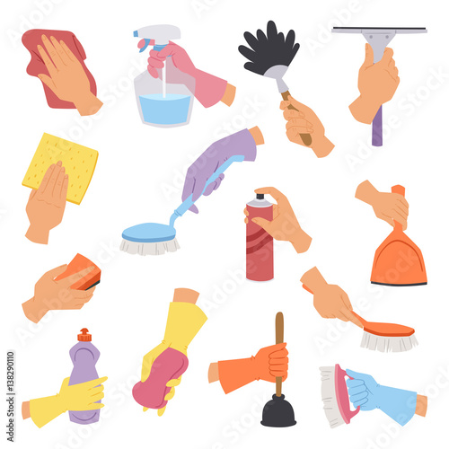 Vector collection with cleaning tools in hand flat style perfect for housework packaging and colorful domestic hygiene kitchenware concept illustration.