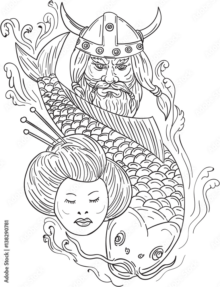 Viking Carp Geisha Head Black and White Drawing