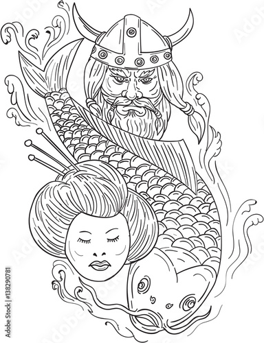 Wallpaper Mural Viking Carp Geisha Head Black and White Drawing Torontodigital.ca