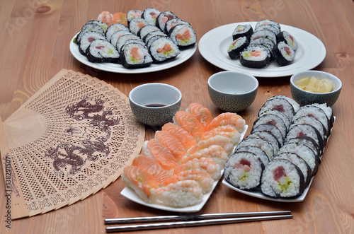 maki sushi rolls and nigiri sushi japan food on the table photo