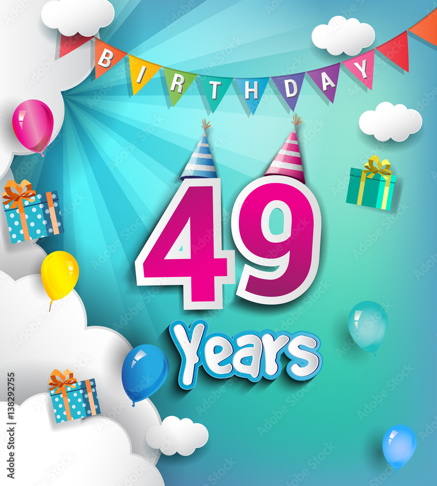 49 years Birthday Celebration Design, with clouds and balloons. using Paper Art Design Style. 49 years Birthday Celebration Design, with clouds and balloons. using Paper Art Design Style.